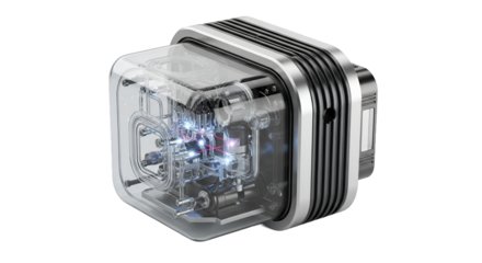 Futuristic Transparent Cube with Complex Internal Circuits and Lights Metallic Accents and Black Ridges Set Against a Clean Transparent Background