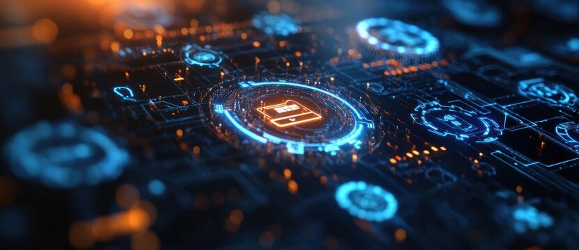 Futuristic digital interface with glowing blue and orange circular data elements and icons on a dark technological background