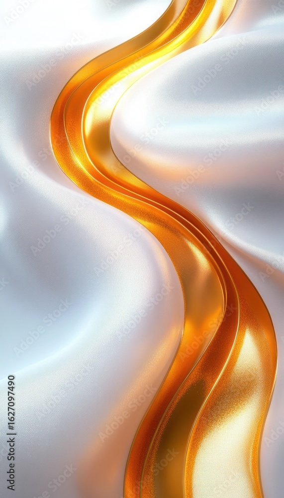 Poster abstract smooth white surface with flowing curved golden ribbons creating a soft and elegant visual 