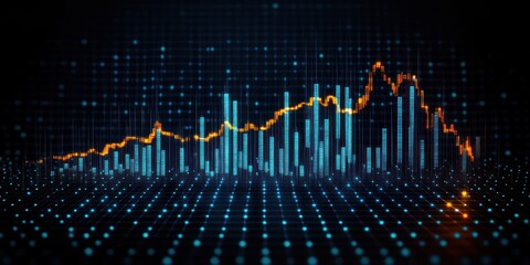 3D digital data visualization with glowing blue vertical bars and an orange fluctuating line graph on a black grid background representing statistical data trends