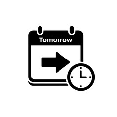 Black and white vector illustration of a calendar displaying “Tomorrow” with an arrow pointing forward and a clock symbol, representing upcoming events, deadlines, appointments, or future planning.
