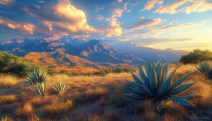 Golden sunlight illuminating a serene desert landscape with spiky agave plants foreground and towering mountains under a dramatic cloudy sky at sunset
