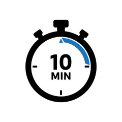 Minimalist vector illustration of a stopwatch with “10 MIN” text and a highlighted blue segment, representing a ten-minute countdown or timer. Ideal for use in apps, websites, infographics, workout pl