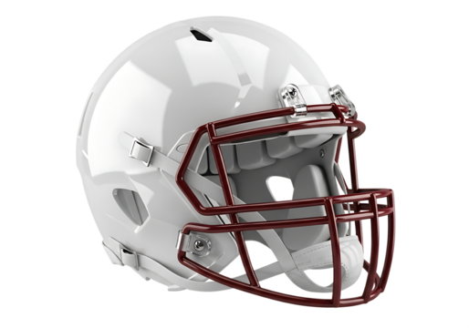 White football helmet with maroon face mask isolated on a transparent background image