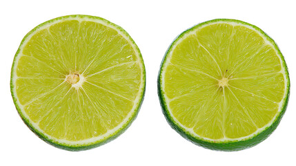 two lime halves cut in half on a white surface