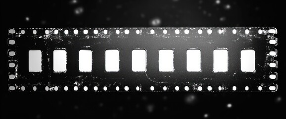 Close-up of a black and white vintage film strip with visible sprocket holes and empty frames against a dark background with light reflections
