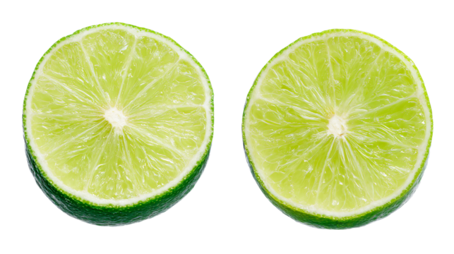 two limes cut in half on a white surface