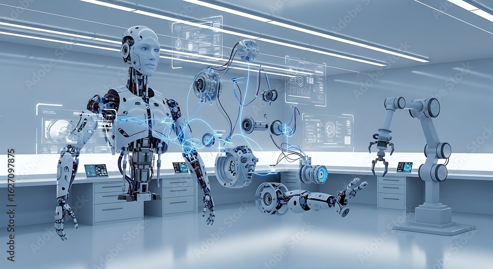 Poster futuristic robotics lab: ai-powered assembly & design visualization