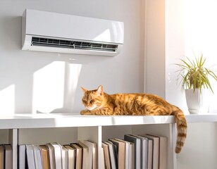 Orange cat resting on bookshelves near AC unit