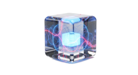 Glowing Blue Geometric Core Encased in Clear Futuristic Cube with Red Streaks on a White Surface Showing Abstract Digital Technology Concept