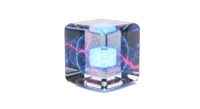Glowing Blue Geometric Core Encased in Clear Futuristic Cube with Red Streaks on a White Surface Showing Abstract Digital Technology Concept