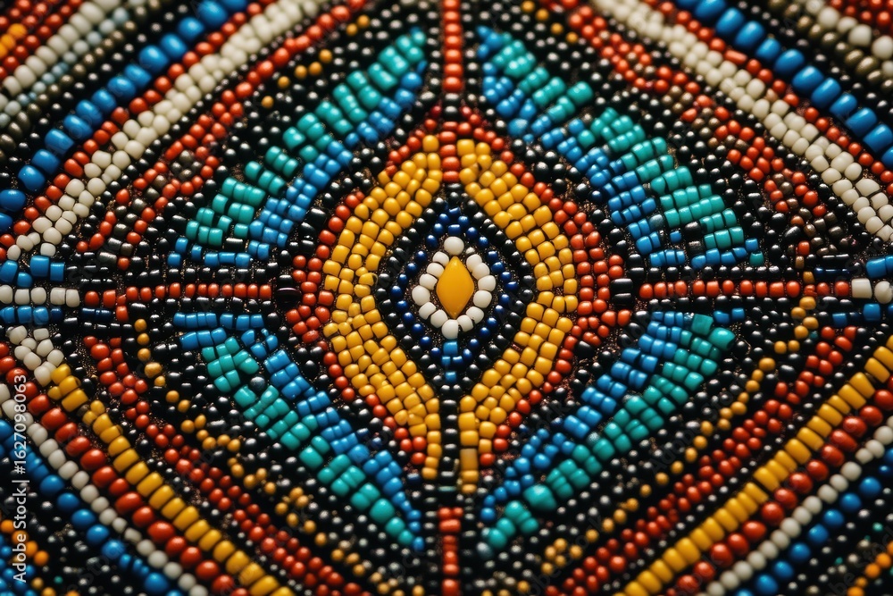 Aufkleber close-up of colorful intricate beadwork arranged in symmetrical geometric patterns with vibrant blue