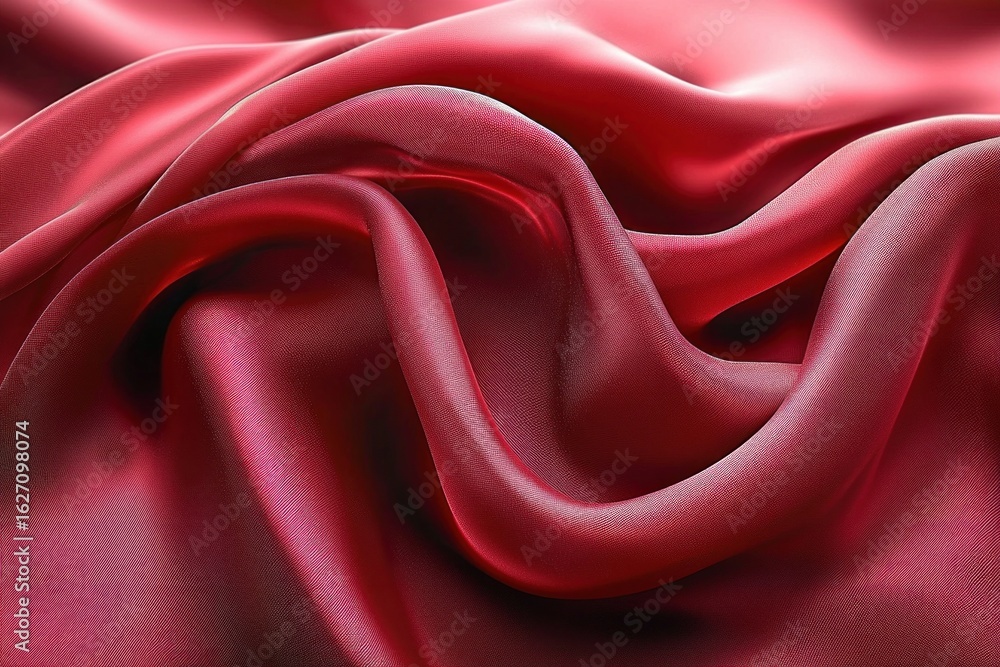 Poster close-up of smooth, shiny red fabric folds creating elegant and flowing texture with rich highlights