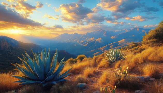Scenic desert landscape at sunset with agave plants, dry grasses, distant mountains under colorful cloudy sky creating a peaceful and warm atmosphere