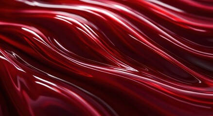 Close-up of glossy, flowing red liquid surface with smooth wave-like textures and reflective highlights creating a dynamic and vibrant effect