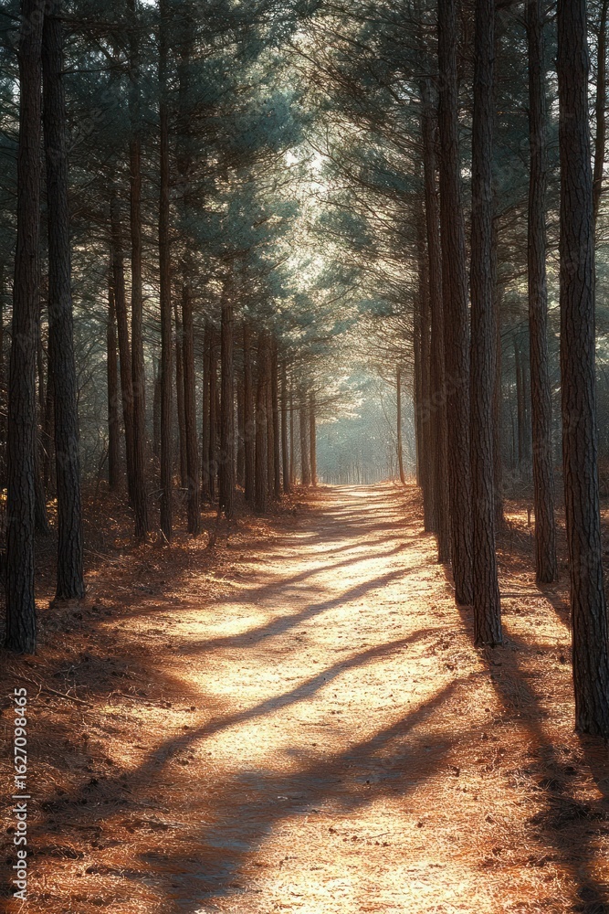Poster sunlit forest path lined with tall pine trees casting long shadows during golden hour