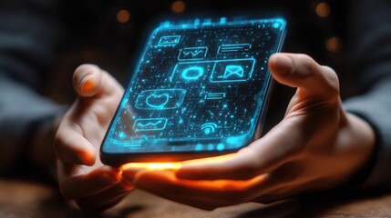 Hands holding a futuristic transparent smartphone displaying glowing blue holographic icons and digital interface with data and connectivity symbols