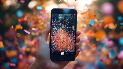 Hand holding smartphone capturing vibrant and colorful confetti burst in a festive and joyful atmosphere