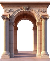 Naklejka premium ornate classical stone archway with detailed carvings and corinthian columns under warm lighting