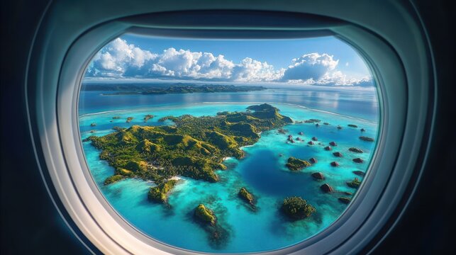 Fototapeta Aerial view of tropical islands with lush greenery and turquoise waters seen through an airplane window under a bright sky with white clouds