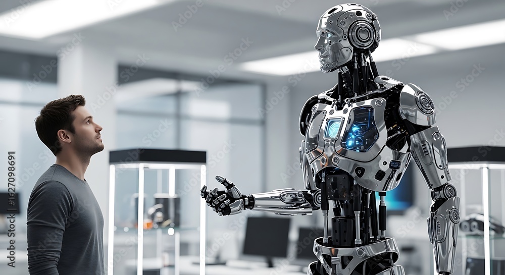Poster human and advanced robot interact in futuristic laboratory setting