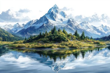 Fototapeta premium Snow-capped towering mountain reflected in the calm lake surrounded by green forest and clear sky