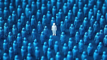 Obraz premium A single white figurine standing distinctly among a large group of blue figurines arranged in rows, symbolizing uniqueness and isolation