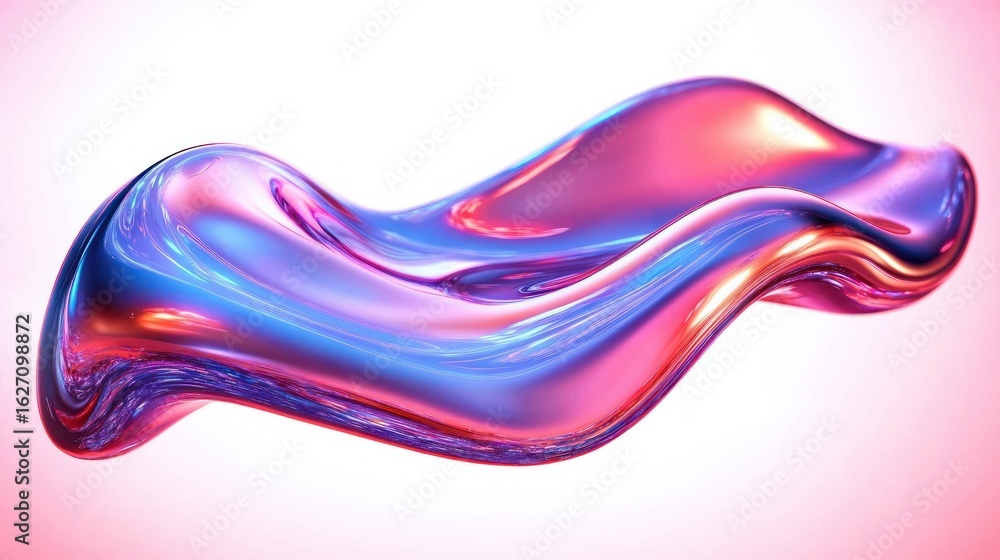 Poster smooth flowing liquid-like abstract shape with glossy iridescent surface reflecting pink and blue li