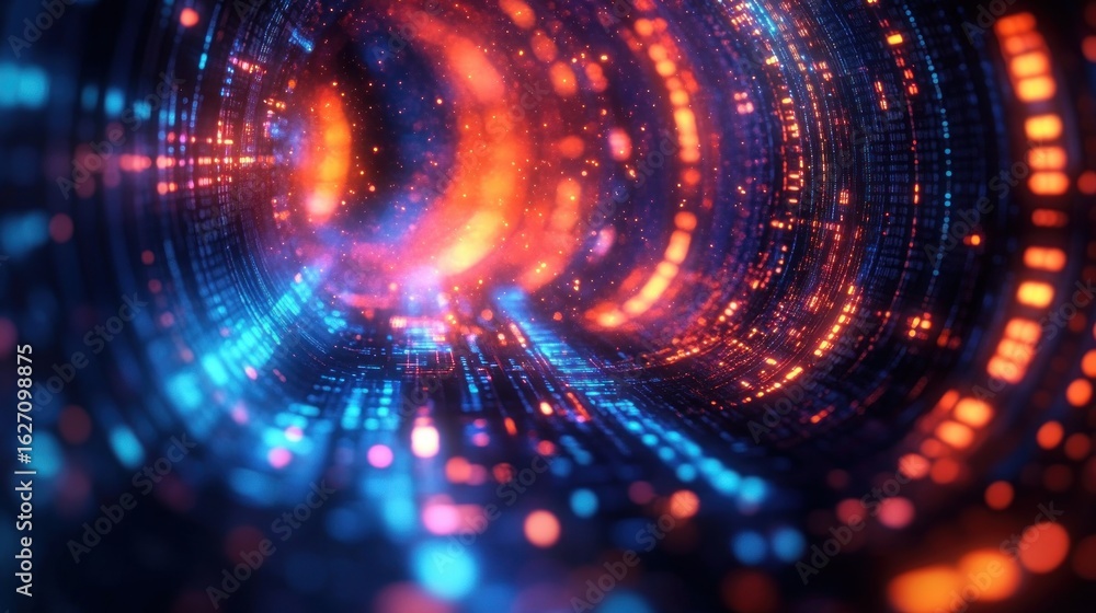 Poster futuristic tunnel with glowing blue and orange lights creating a digital, immersive technology atmos