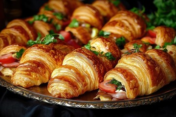 Close-up of golden flaky croissants filled with fresh tomato, greens, and deli meat served on an ornate silver platter