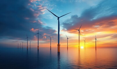 Obraz premium Offshore wind turbines standing tall in calm sea water during vibrant sunset with colorful sky and scattered clouds