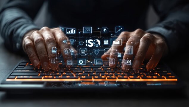 Close-up of hands typing on a glowing keyboard with digital icons and graphs representing technology and data communication floating above - Powered by Adobe