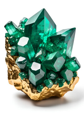 Dioptase emerald green copper cyclosilicate mineral stone isolated on white background. Mineralogy stones gem concept.