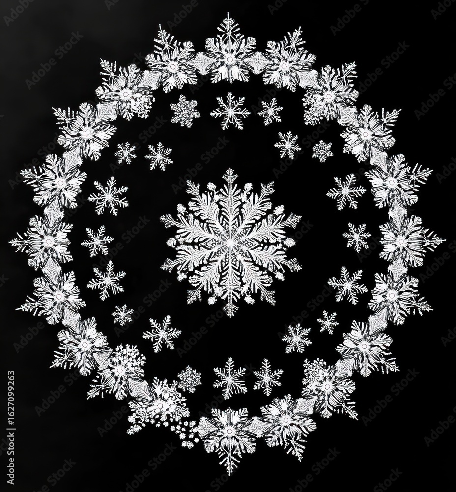 Poster intricate white snowflakes arranged in a circular pattern against a black background, creating a del