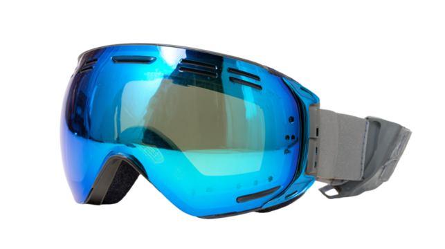 a pair of ski goggles with blue lenses