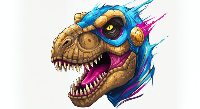 Stylized dinosaur head illustration with vivid colors and detailed textures for commercial use