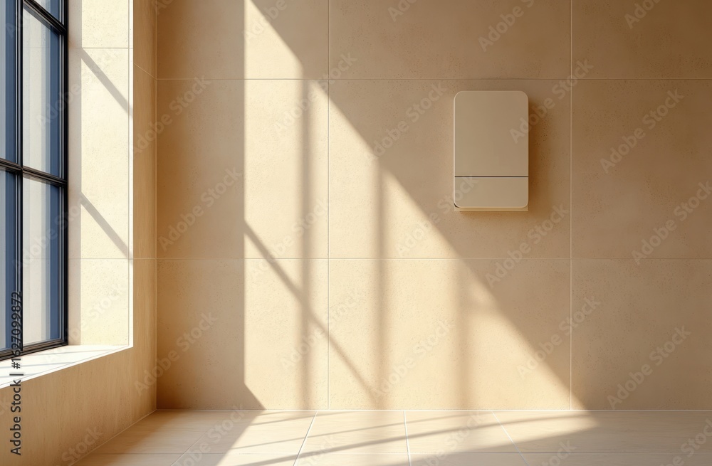 Poster empty room corner with sunlight casting long shadows through a large window onto beige tiled floor a