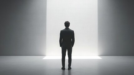 Fototapeta premium Man in a suit standing alone in a large empty room facing a bright rectangular opening with light streaming in, evoking contemplation and solitude