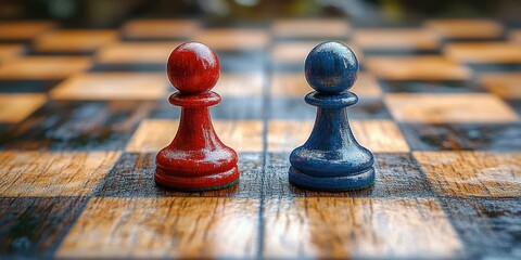 two wooden chess pawns painted red and blue standing side by side on a textured chessboard conveying contrast and balance