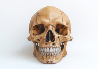 Obraz premium Close-up view of a yellowed human skull against a plain white background showing detailed teeth and cranial features