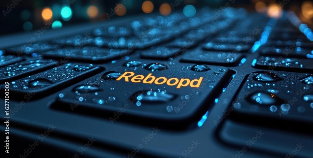 Poster close-up of a dark computer keyboard with water droplets on the keys and an orange illuminated key l