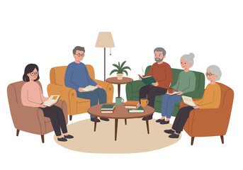 Illustration Vector of a Group Reading Together in a Cozy Room modern style drawing of a reading circle with armchairs and coffee table