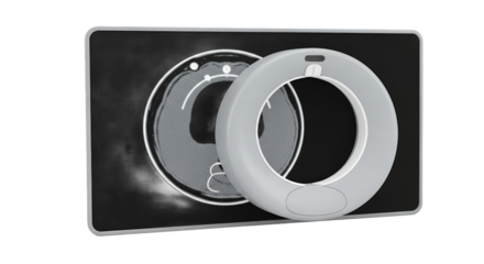 Grayscale CT Scan Displayed Beside Portable Circular Gray Scanner on Transparent Backdrop For Advanced Medical Imaging