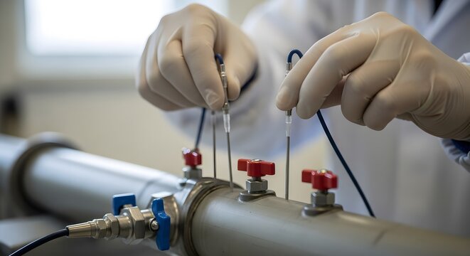 Scientist hands in white gloves adjusting sensors on a laboratory pipe system with red valves. The close-up shot focuses on precision and scientific equipment in a sterile environment.