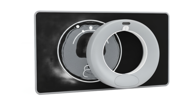 Grayscale CT Scan Displayed Beside Portable Circular Gray Scanner on Transparent Backdrop For Advanced Medical Imaging