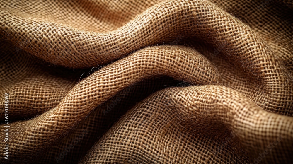 Poster close-up of textured brown burlap fabric with natural rough weave and soft folds creating a warm and