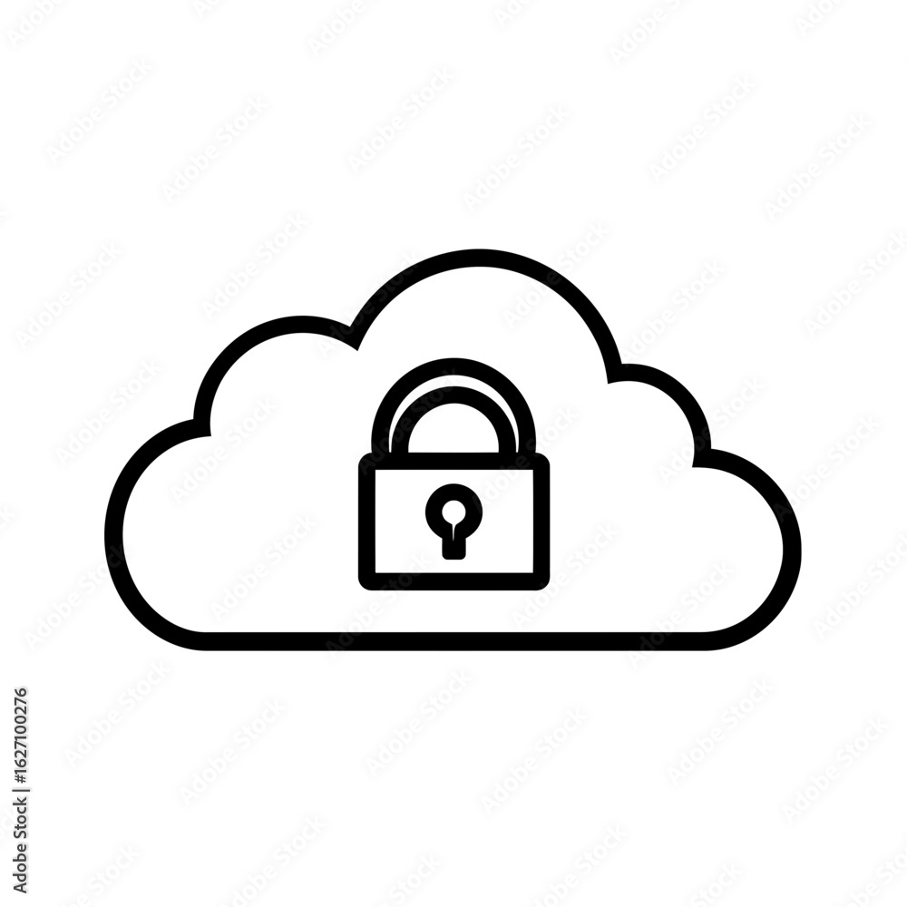 Poster outline icon of cloud with padlock symbolizing data security, concept for cloud storage protection, 