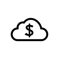 Simple black line drawing of a cloud with a dollar sign inside symbolizing financial data, concept for cloud banking, online accounting and digital transactions