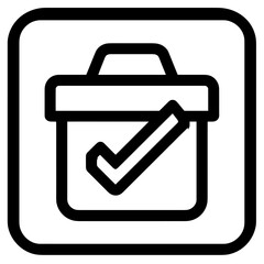 Outline drawing of a box with handle and checkmark inside a rounded square, concept for task completion, process verification and approved solution.
