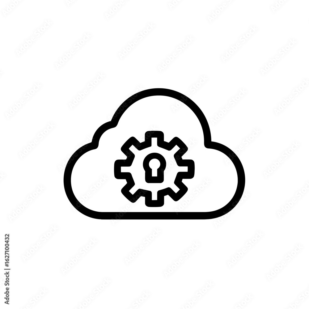 Poster stylized cloud outline with a gear and keyhole symbolizes data security, concept for cloud computing